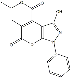 ethyl 3-hydroxy-5-methyl-6-oxo-1-phenyl-1,6-dihydropyrano[2,3-c]pyrazole-4-carboxylate Struktur