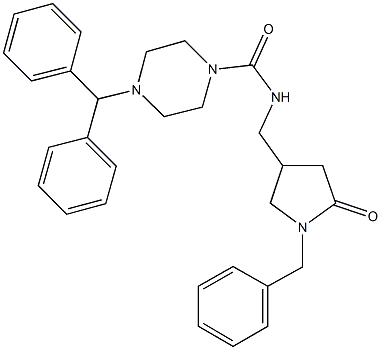 4-benzhydryl-N-[(1-benzyl-5-oxo-3-pyrrolidinyl)methyl]-1-piperazinecarboxamide Struktur