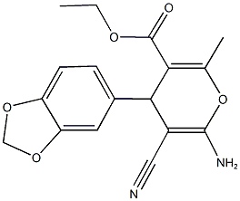 ethyl 6-amino-4-(1,3-benzodioxol-5-yl)-5-cyano-2-methyl-4H-pyran-3-carboxylate Struktur