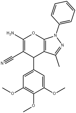 6-amino-3-methyl-1-phenyl-4-(3,4,5-trimethoxyphenyl)-1,4-dihydropyrano[2,3-c]pyrazole-5-carbonitrile Struktur