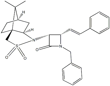 1-benzyl-3-(10,10-dimethyl-3,3-dioxido-3-thia-4-azatricyclo[5.2.1.0~1,5~]dec-4-yl)-4-(2-phenylvinyl)-2-azetidinone Struktur