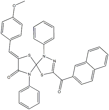 7-(4-methoxybenzylidene)-3-(2-naphthoyl)-1,9-diphenyl-4,6-dithia-1,2,9-triazaspiro[4.4]non-2-en-8-one Struktur