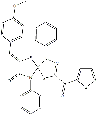 7-(4-methoxybenzylidene)-1,9-diphenyl-3-(2-thienylcarbonyl)-4,6-dithia-1,2,9-triazaspiro[4.4]non-2-en-8-one Struktur