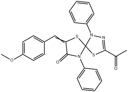 3-acetyl-7-(4-methoxybenzylidene)-1,9-diphenyl-4,6-dithia-1,2,9-triazaspiro[4.4]non-2-en-8-one Struktur