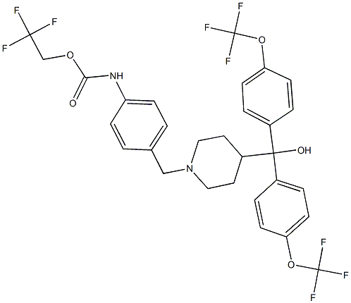 2,2,2-trifluoroethyl 4-{[4-(hydroxy{bis[4-(trifluoromethoxy)phenyl]}methyl)-1-piperidinyl]methyl}phenylcarbamate Struktur