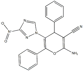 2-amino-5-{3-nitro-1H-1,2,4-triazol-1-yl}-4,6-diphenyl-4H-pyran-3-carbonitrile Struktur