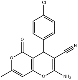 2-amino-4-(4-chlorophenyl)-7-methyl-5-oxo-4H,5H-pyrano[4,3-b]pyran-3-carbonitrile Struktur