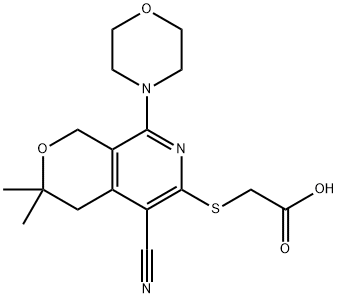 {[5-cyano-3,3-dimethyl-8-(4-morpholinyl)-3,4-dihydro-1H-pyrano[3,4-c]pyridin-6-yl]sulfanyl}acetic acid Struktur