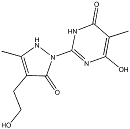 6-hydroxy-2-[4-(2-hydroxyethyl)-3-methyl-5-oxo-2,5-dihydro-1H-pyrazol-1-yl]-5-methyl-4(3H)-pyrimidinone Struktur