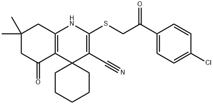 2-{[2-(4-chlorophenyl)-2-oxoethyl]sulfanyl}-7,7-dimethyl-5-oxo-1,4,5,6,7,8-hexahydrospiro[quinoline-4,1'-cyclohexane]-3-carbonitrile Struktur