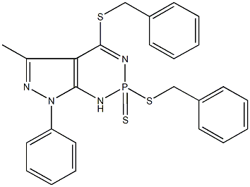 2,4-bis(benzylsulfanyl)-5-methyl-7-phenyl-2,7-dihydro-1H-pyrazolo[3,4-d][1,3,2]diazaphosphinine 2-sulfide Struktur