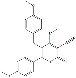 5-(4-methoxybenzyl)-6-(4-methoxyphenyl)-4-(methylsulfanyl)-2-oxo-2H-pyran-3-carbonitrile Struktur