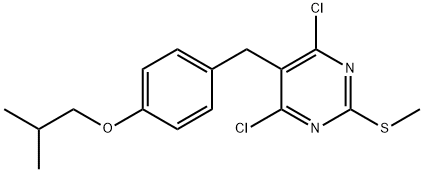 4,6-dichloro-5-({4-[(2-methylpropyl)oxy]phenyl}methyl)-2-(methylsulfanyl)pyrimidine Struktur