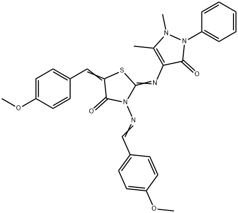 2-[(1,5-dimethyl-3-oxo-2-phenyl-2,3-dihydro-1H-pyrazol-4-yl)imino]-5-(4-methoxybenzylidene)-3-[(4-methoxybenzylidene)amino]-1,3-thiazolidin-4-one Struktur