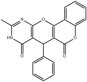 10-methyl-7-phenyl-7,9-dihydro-6H,8H-chromeno[3',4':5,6]pyrano[2,3-d]pyrimidine-6,8-dione Struktur