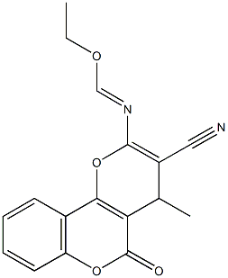 ethyl 3-cyano-4-methyl-5-oxo-4H,5H-pyrano[3,2-c]chromen-2-yliminoformate Struktur