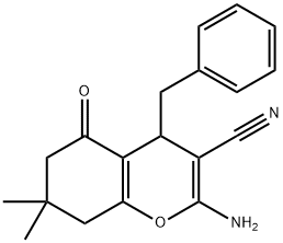 2-amino-4-benzyl-7,7-dimethyl-5-oxo-5,6,7,8-tetrahydro-4H-chromene-3-carbonitrile Struktur