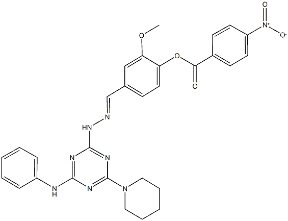 4-{2-[4-anilino-6-(1-piperidinyl)-1,3,5-triazin-2-yl]carbohydrazonoyl}-2-methoxyphenyl 4-nitrobenzoate Struktur