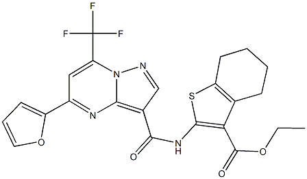 ethyl 2-({[5-(2-furyl)-7-(trifluoromethyl)pyrazolo[1,5-a]pyrimidin-3-yl]carbonyl}amino)-4,5,6,7-tetrahydro-1-benzothiophene-3-carboxylate Struktur