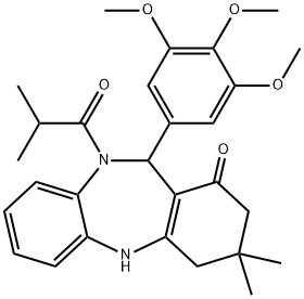 10-isobutyryl-3,3-dimethyl-11-(3,4,5-trimethoxyphenyl)-2,3,4,5,10,11-hexahydro-1H-dibenzo[b,e][1,4]diazepin-1-one Struktur