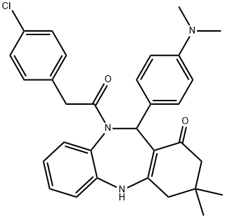 10-[(4-chlorophenyl)acetyl]-11-[4-(dimethylamino)phenyl]-3,3-dimethyl-2,3,4,5,10,11-hexahydro-1H-dibenzo[b,e][1,4]diazepin-1-one Struktur