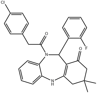 10-[(4-chlorophenyl)acetyl]-11-(2-fluorophenyl)-3,3-dimethyl-2,3,4,5,10,11-hexahydro-1H-dibenzo[b,e][1,4]diazepin-1-one Struktur