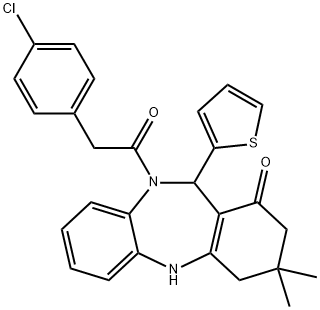 10-[(4-chlorophenyl)acetyl]-3,3-dimethyl-11-(2-thienyl)-2,3,4,5,10,11-hexahydro-1H-dibenzo[b,e][1,4]diazepin-1-one Struktur