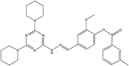 4-{2-[4,6-di(1-piperidinyl)-1,3,5-triazin-2-yl]carbohydrazonoyl}-2-methoxyphenyl 3-methylbenzoate Struktur