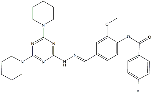 4-{2-[4,6-di(1-piperidinyl)-1,3,5-triazin-2-yl]carbohydrazonoyl}-2-methoxyphenyl 4-fluorobenzoate Struktur