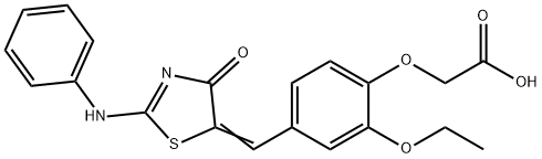 (2-ethoxy-4-{[4-oxo-2-(phenylimino)-1,3-thiazolidin-5-ylidene]methyl}phenoxy)acetic acid Struktur