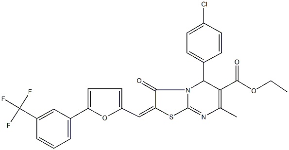 ethyl 5-(4-chlorophenyl)-7-methyl-3-oxo-2-({5-[3-(trifluoromethyl)phenyl]-2-furyl}methylene)-2,3-dihydro-5H-[1,3]thiazolo[3,2-a]pyrimidine-6-carboxylate Struktur