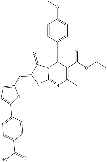 4-{5-[(6-(ethoxycarbonyl)-7-methyl-5-[4-(methylthio)phenyl]-3-oxo-5H-[1,3]thiazolo[3,2-a]pyrimidin-2(3H)-ylidene)methyl]-2-furyl}benzoicacid Struktur