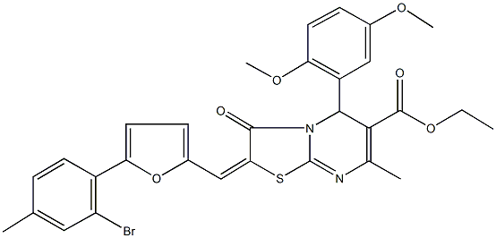 ethyl 2-{[5-(2-bromo-4-methylphenyl)-2-furyl]methylene}-5-(2,5-dimethoxyphenyl)-7-methyl-3-oxo-2,3-dihydro-5H-[1,3]thiazolo[3,2-a]pyrimidine-6-carboxylate Struktur