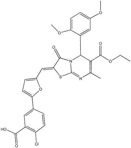 2-chloro-5-{5-[(5-(2,5-dimethoxyphenyl)-6-(ethoxycarbonyl)-7-methyl-3-oxo-5H-[1,3]thiazolo[3,2-a]pyrimidin-2(3H)-ylidene)methyl]-2-furyl}benzoic acid Struktur