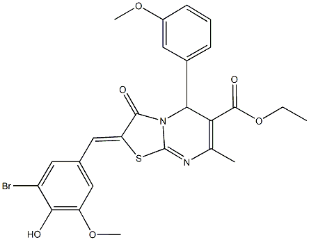 ethyl 2-(3-bromo-4-hydroxy-5-methoxybenzylidene)-5-(3-methoxyphenyl)-7-methyl-3-oxo-2,3-dihydro-5H-[1,3]thiazolo[3,2-a]pyrimidine-6-carboxylate Struktur