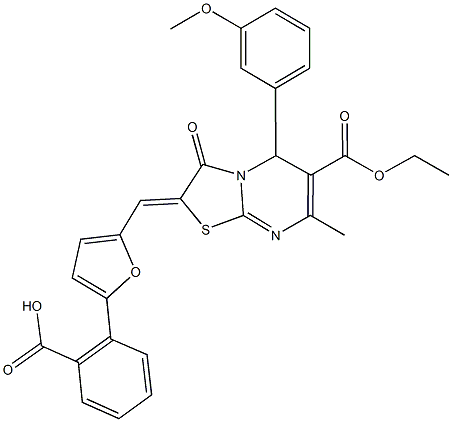 2-{5-[(6-(ethoxycarbonyl)-5-(3-methoxyphenyl)-7-methyl-3-oxo-5H-[1,3]thiazolo[3,2-a]pyrimidin-2(3H)-ylidene)methyl]-2-furyl}benzoic acid Struktur