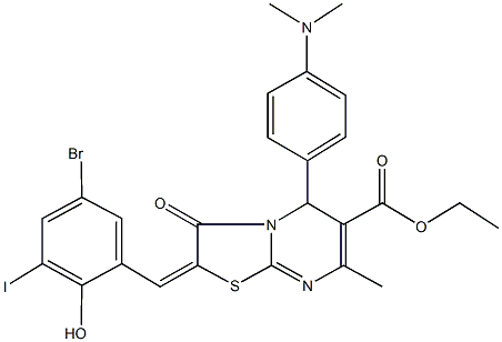 ethyl 2-(5-bromo-2-hydroxy-3-iodobenzylidene)-5-[4-(dimethylamino)phenyl]-7-methyl-3-oxo-2,3-dihydro-5H-[1,3]thiazolo[3,2-a]pyrimidine-6-carboxylate Struktur