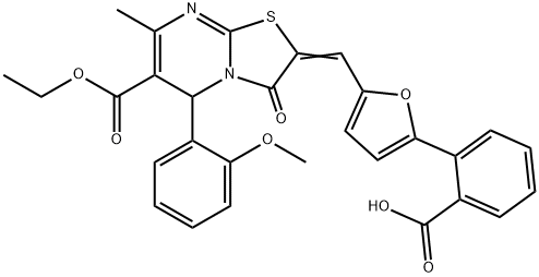 2-{5-[(6-(ethoxycarbonyl)-5-(2-methoxyphenyl)-7-methyl-3-oxo-5H-[1,3]thiazolo[3,2-a]pyrimidin-2(3H)-ylidene)methyl]-2-furyl}benzoic acid Struktur