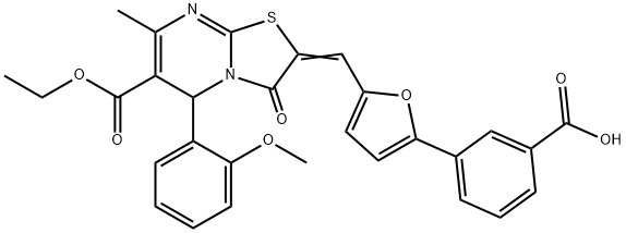 3-{5-[(6-(ethoxycarbonyl)-5-(2-methoxyphenyl)-7-methyl-3-oxo-5H-[1,3]thiazolo[3,2-a]pyrimidin-2(3H)-ylidene)methyl]-2-furyl}benzoic acid Struktur