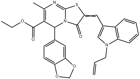 ethyl 2-[(1-allyl-1H-indol-3-yl)methylene]-5-(1,3-benzodioxol-5-yl)-7-methyl-3-oxo-2,3-dihydro-5H-[1,3]thiazolo[3,2-a]pyrimidine-6-carboxylate Struktur