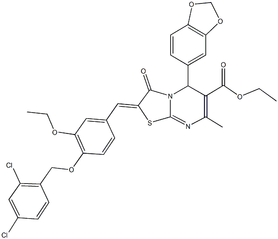 ethyl 5-(1,3-benzodioxol-5-yl)-2-{4-[(2,4-dichlorobenzyl)oxy]-3-ethoxybenzylidene}-7-methyl-3-oxo-2,3-dihydro-5H-[1,3]thiazolo[3,2-a]pyrimidine-6-carboxylate Struktur