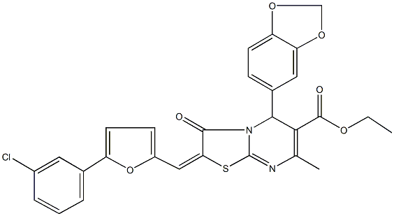 ethyl 5-(1,3-benzodioxol-5-yl)-2-{[5-(3-chlorophenyl)-2-furyl]methylene}-7-methyl-3-oxo-2,3-dihydro-5H-[1,3]thiazolo[3,2-a]pyrimidine-6-carboxylate Struktur