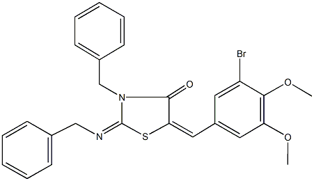 3-benzyl-2-(benzylimino)-5-(3-bromo-4,5-dimethoxybenzylidene)-1,3-thiazolidin-4-one Struktur