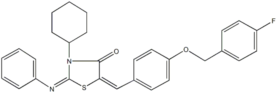 3-cyclohexyl-5-{4-[(4-fluorobenzyl)oxy]benzylidene}-2-(phenylimino)-1,3-thiazolidin-4-one Struktur