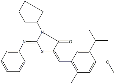 3-cyclopentyl-5-(5-isopropyl-4-methoxy-2-methylbenzylidene)-2-(phenylimino)-1,3-thiazolidin-4-one Struktur