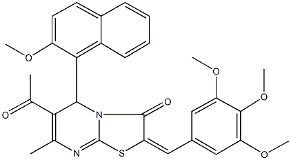 6-acetyl-5-(2-methoxy-1-naphthyl)-7-methyl-2-(3,4,5-trimethoxybenzylidene)-5H-[1,3]thiazolo[3,2-a]pyrimidin-3(2H)-one Struktur