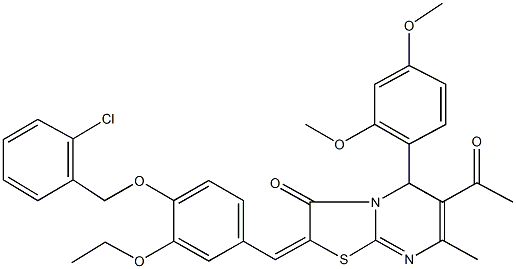 6-acetyl-2-{4-[(2-chlorobenzyl)oxy]-3-ethoxybenzylidene}-5-(2,4-dimethoxyphenyl)-7-methyl-5H-[1,3]thiazolo[3,2-a]pyrimidin-3(2H)-one Struktur