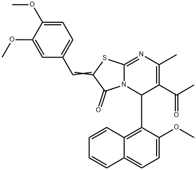 6-acetyl-2-(3,4-dimethoxybenzylidene)-5-(2-methoxy-1-naphthyl)-7-methyl-5H-[1,3]thiazolo[3,2-a]pyrimidin-3(2H)-one Struktur