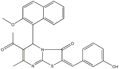 6-acetyl-2-(3-hydroxybenzylidene)-5-(2-methoxy-1-naphthyl)-7-methyl-5H-[1,3]thiazolo[3,2-a]pyrimidin-3(2H)-one Struktur