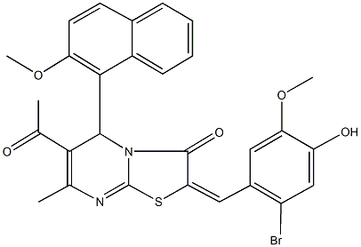 6-acetyl-2-(2-bromo-4-hydroxy-5-methoxybenzylidene)-5-(2-methoxy-1-naphthyl)-7-methyl-5H-[1,3]thiazolo[3,2-a]pyrimidin-3(2H)-one Struktur